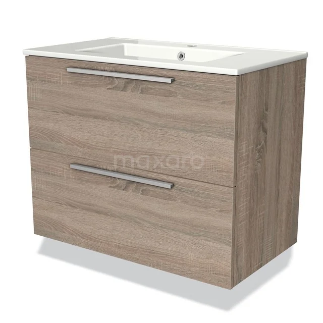 Modulo Waschtische | 80 cm Eiche Flach front Keramik 2 übereinanderliegende Schubladen BMW17-01733 Holz Badezimmermöbel mit zwei Schubladen, heller Eiche Oberfläche und weißem keramischen Waschbecken, modernes Design für Badezimmerlagerung.