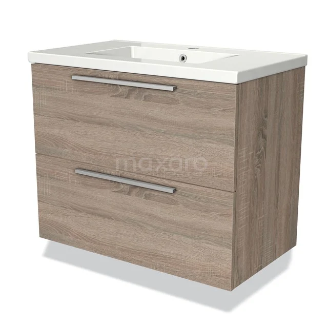 Wooden bathroom unit with two drawers, modern design, ceramic vanity units with basin and sleek metal handles.