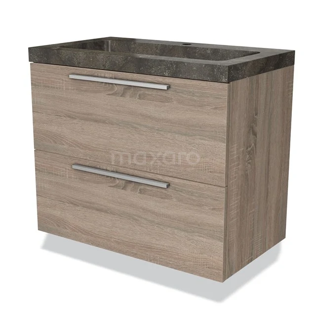 Holz-Badmöbel mit Natursteine Waschbecken, zwei Schubladen mit Metallgriffen, modernes Design in Eiche-Look.