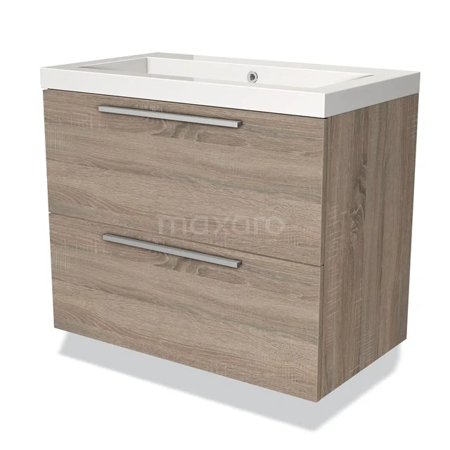 Badkamermeubel houtlook met twee lades en geïntegreerde wastafel, moderne uitstraling, ideaal voor een stijlvolle badkamer.