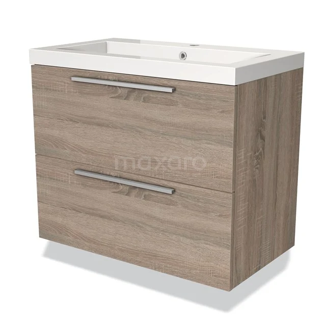 Wooden bathroom unit with sink, 2 drawers and modern handles, stylish design in light Oak for a sleek bathroom look.