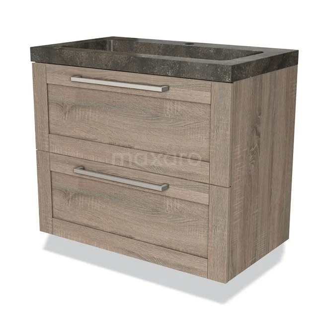 Wooden bathroom unit with two drawers and a black stone sink, modern design and sleek black metal handles.