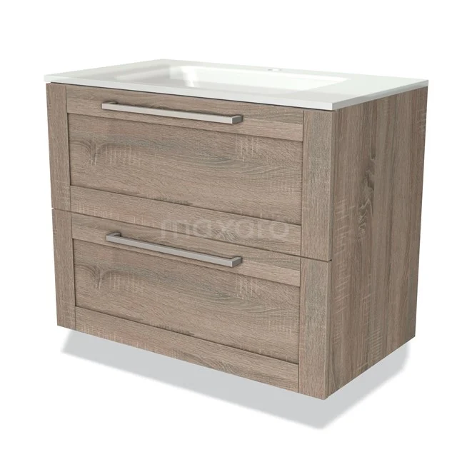 Modulo Vanity units with basin | 80 cm Oak Frame front Glass 2 Stacked drawers BMW17-01751 Wooden bathroom unit with two drawers, natural oak colour, integrated white basin, modern and sleek design.