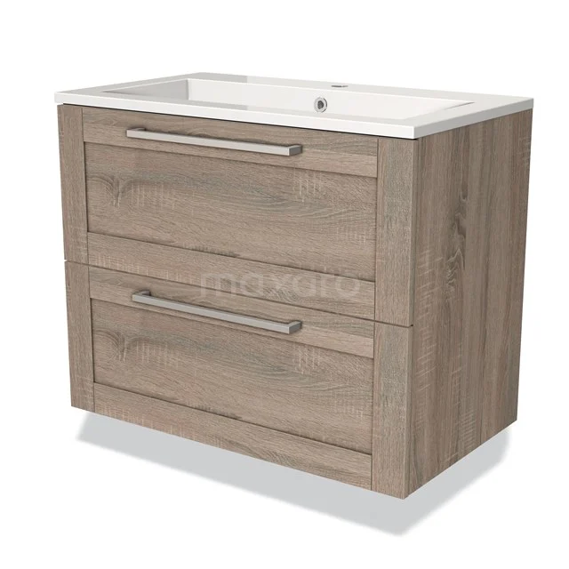 Houten badkamermeubel met twee lades, eikenlook, moderne metalen grepen en wit keramische wastafel.