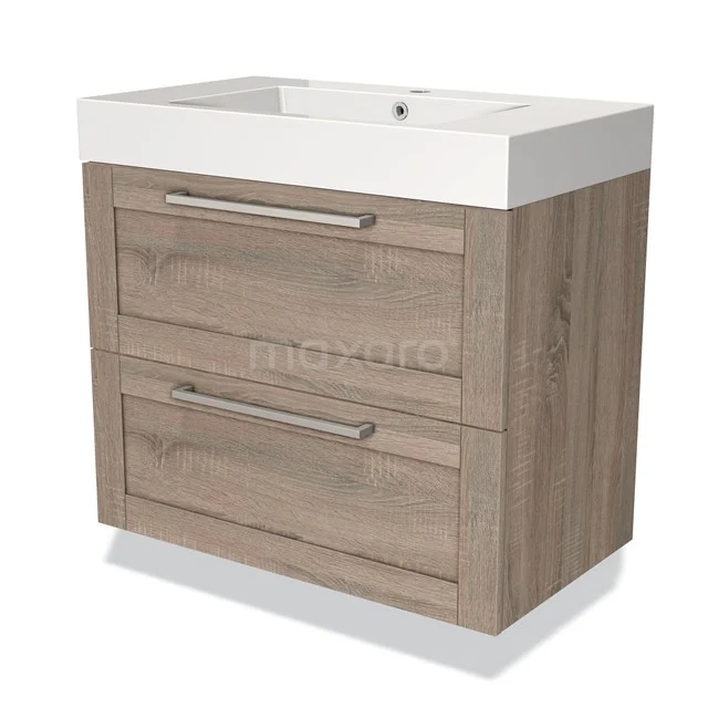 Houten badkamermeubel met spoelbak, 2 lades, moderne afwerking in licht eiken, ideaal voor een stijlvolle en praktische badkamer.