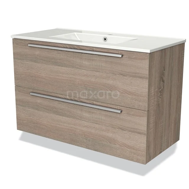 Wooden bathroom unit with a natural wood look, two drawers and a white basin, ideal for a modern bathroom style.