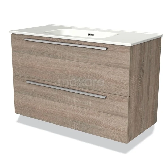 Houten badkamermeubel met twee lades, modern design, wit keramische wastafel, ideaal voor een stijlvolle en praktische badkamer.