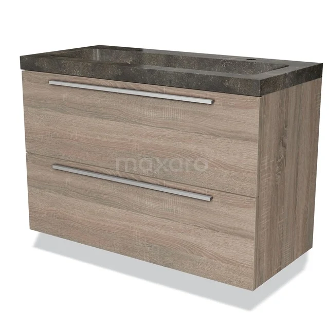 Holz Badezimmermöbel mit zwei Schubladen, Naturstein Waschbecken, moderne Ausstrahlung, ideal für eine stilvolle Badezimmergestaltung.