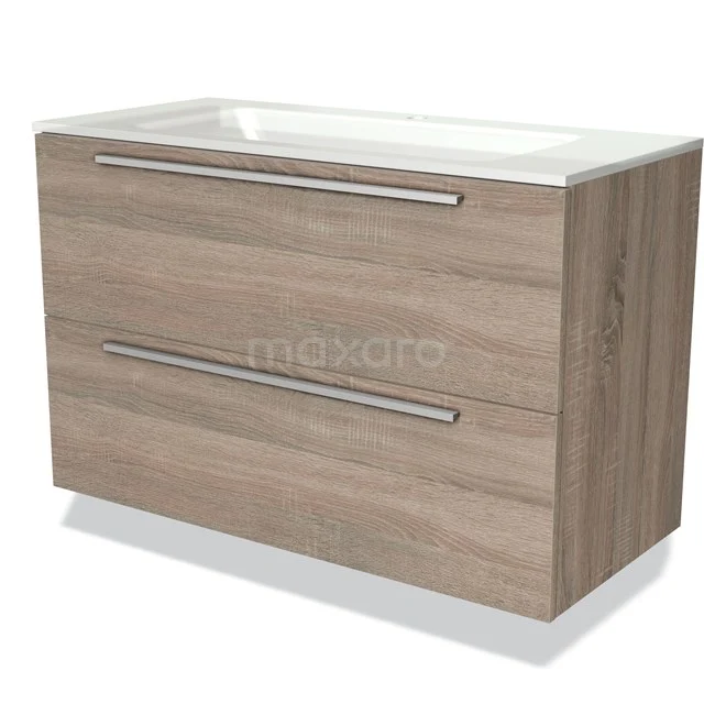 Modulo Bathroom furniture with sink | 100 cm Oak Flat front Glass 2 Stacked drawers BMW17-01763 Wooden bathroom unit with two drawers, light oak finish and integrated white vanity units with basin made of ceramic.