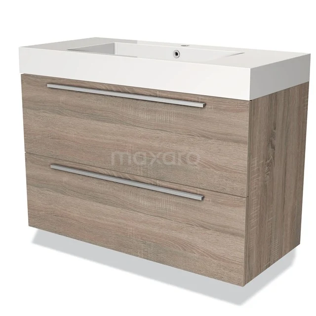 Wooden bathroom unit with two drawers, modern look, oak design and integrated basin, ideal for any bathroom style.