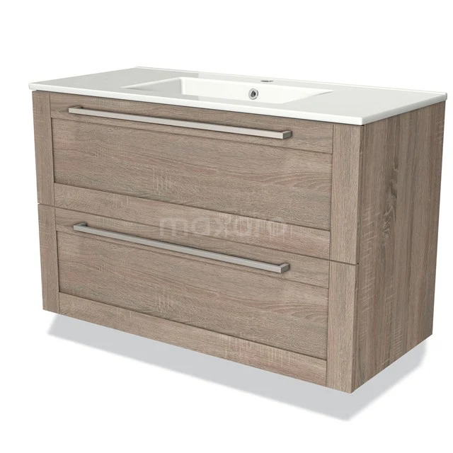 Houten badkamermeubel met natuurlook, wit keramische wastafel, twee lades met metalen grepen, moderne stijl badkamerkast.