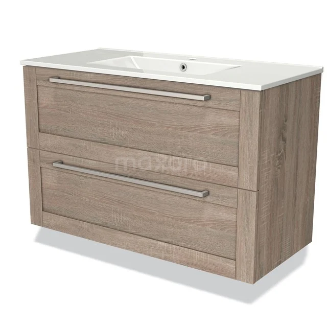 Wooden vanity unit with white ceramic basin, two wide drawers and steel accents, perfect for a modern bathroom.