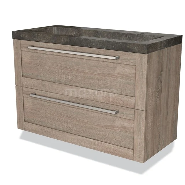 Houten badkamermeubel met twee ladekasten en donkere stenen wastafel, modern design en praktische opbergruimte.