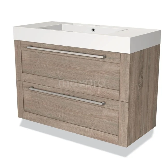 Houten badkamermeubel met witte wastafel, twee lades met metalen grepen, ideaal voor opbergruimte in moderne badkamers.
