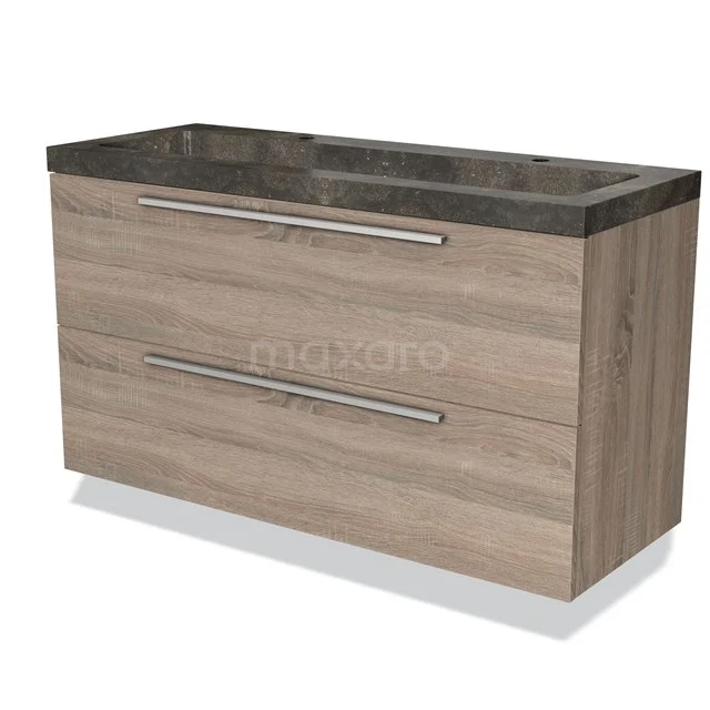 Houten badkamermeubel met twee lades en een zwart marmeren wastafelblad, ideaal voor moderne badkamers.