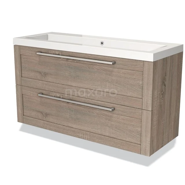 Houten badkamermeubel met twee ruime lades, lichtbruine houtlook en wit keramisch wastafelblad, ideaal voor een moderne badkamer.