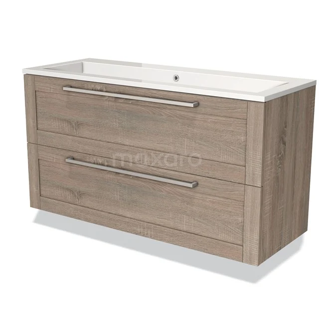 Houten badkamermeubel met twee lades en wit wastafelblad, modern design in licht eiken, ideaal voor opbergruimte in de badkamer.