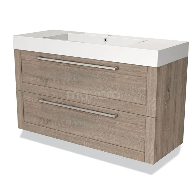 Houten badkamermeubel met twee lades, zachte houttint, keramische wastafel en metalen handgrepen, perfect voor moderne badkamers.