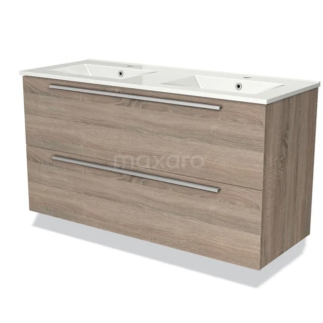 Wooden bathroom unit with double basin, modern chest of drawers in oak look, ideal for stylish bathroom storage.
