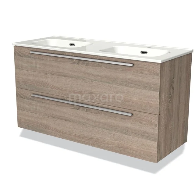 Houten badkamermeubel met dubbele witte wastafel, modern design en twee lades, geschikt voor een stijlvolle badkamer.