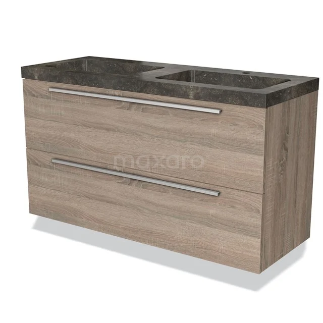 Houten badkamermeubel met donkere marmeren wastafel, 2 lades en geïntegreerde handgrepen, modern design.