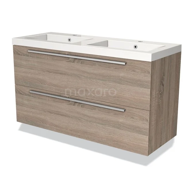 Houten badmeubel met dubbele wastafel, moderne look in licht eiken, voorzien van chroomkleurige grepen voor badkameropslag.