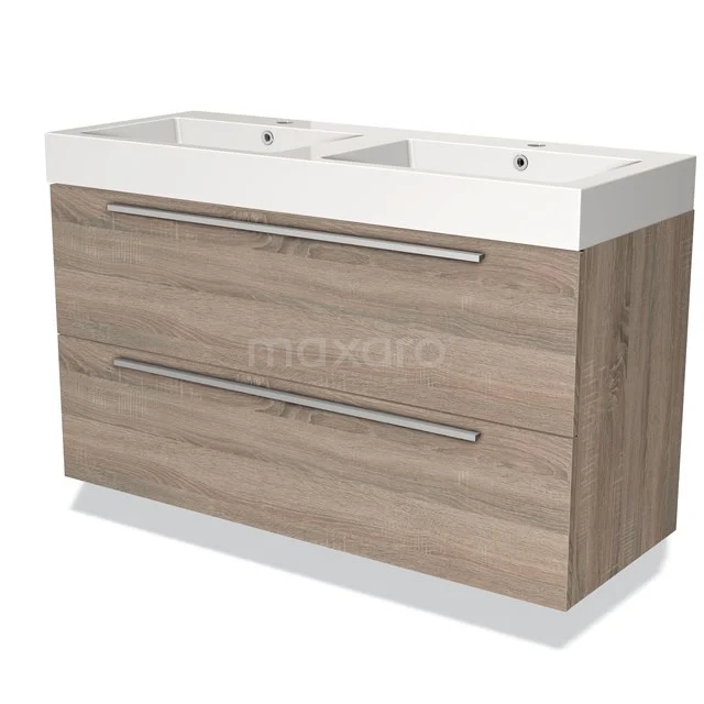 Houten badkamermeubel met dubbele wastafel, strak design, ladegrepen in chroom, ideaal voor moderne badkamers.