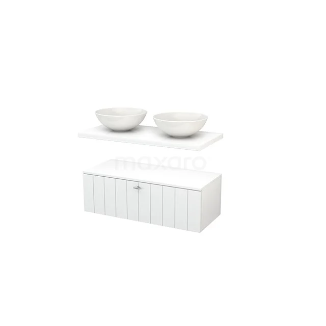 Low Bathroom cabinet with Basin worktop 100x35cm Modulo+ Plato High-gloss white 1 Drawers Laminate BMR000092 White bathroom unit with ribbed structure, two round ceramic vanity units for countertop wash basins and matching worktop for a modern bathroom style.