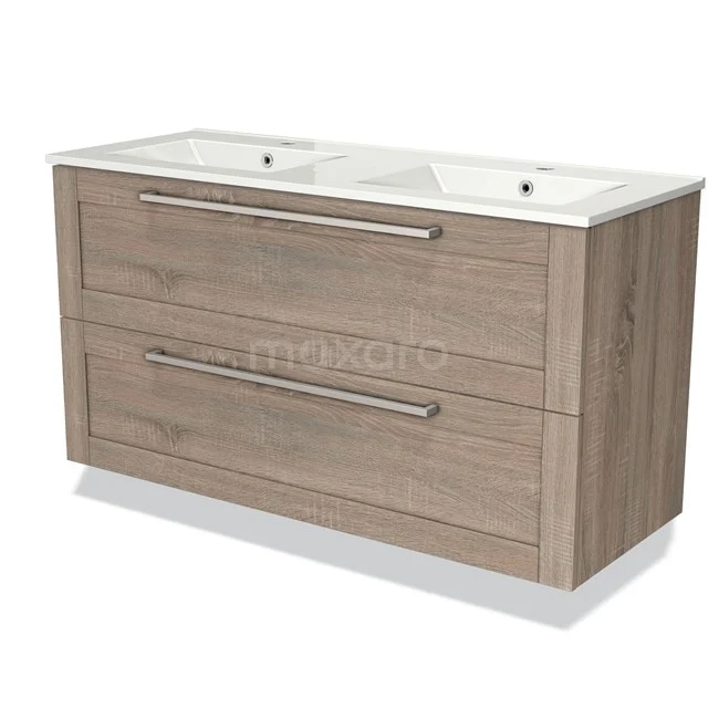 Wooden bathroom unit with double basin, soft-close drawers and modern design for stylish and practical bathroom storage.