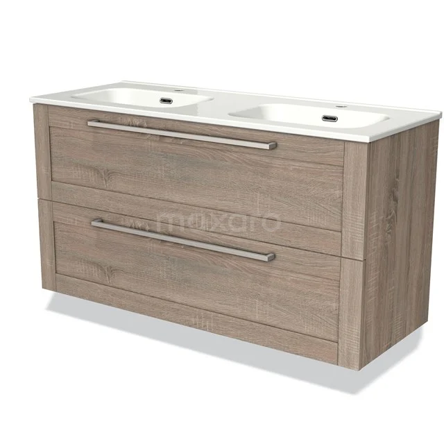 Wooden bathroom unit with double basin, two wide drawers and a modern design for stylish bathroom storage.