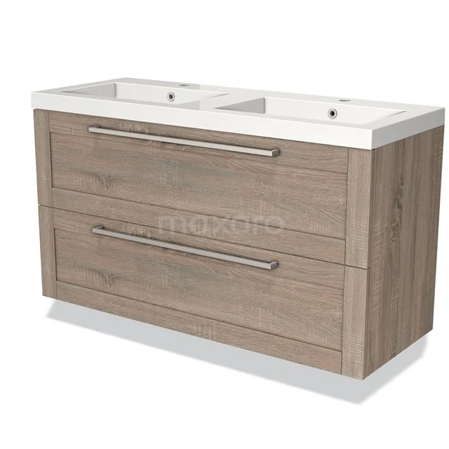 Wood-look double vanity unit with two spacious drawers and white ceramic sinks; stylish and functional for the bathroom.