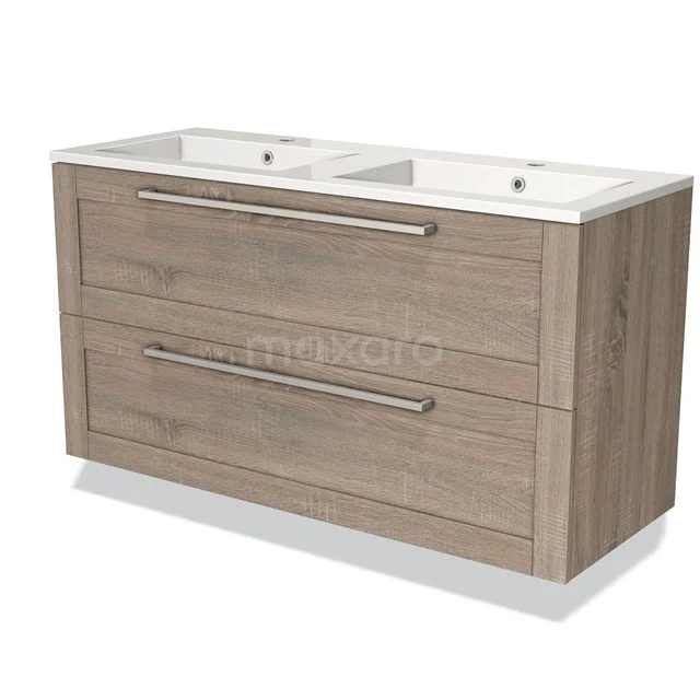 Houten badkamermeubel met dubbele wastafel, modern design, ladefronten in licht eiken, ideaal voor een stijlvolle badkamer.
