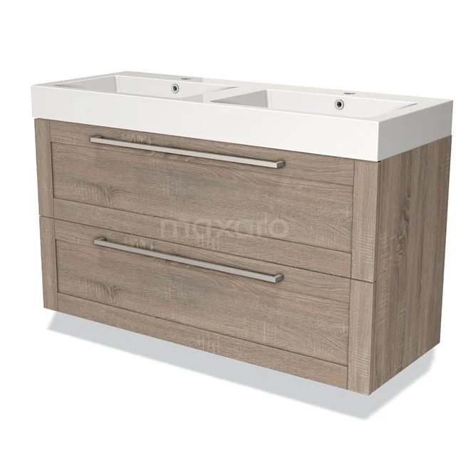 Houten badkamermeubel met dubbele witte wastafel, twee lades en moderne handgrepen in licht eikenhout.