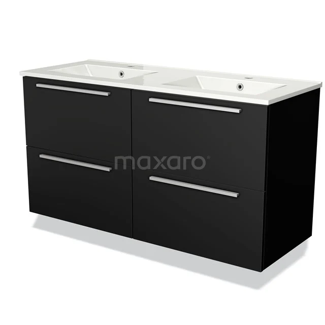 Dubbele zwarte badkamermeubelset met strakke lades en witte wastafel, ideaal voor een moderne badkamerstijl.