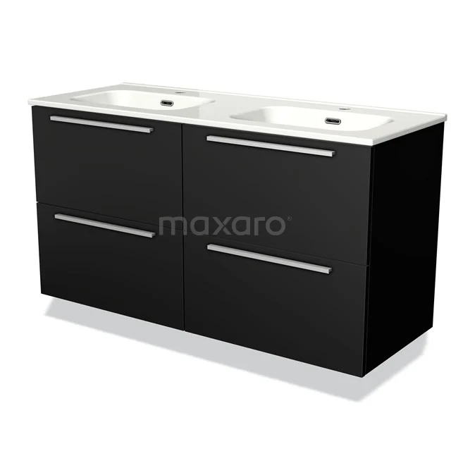 Zwarte dubbele wastafelmeubelset met glanzende handgrepen, modern design en keramische wastafels voor stijlvolle badkamers.
