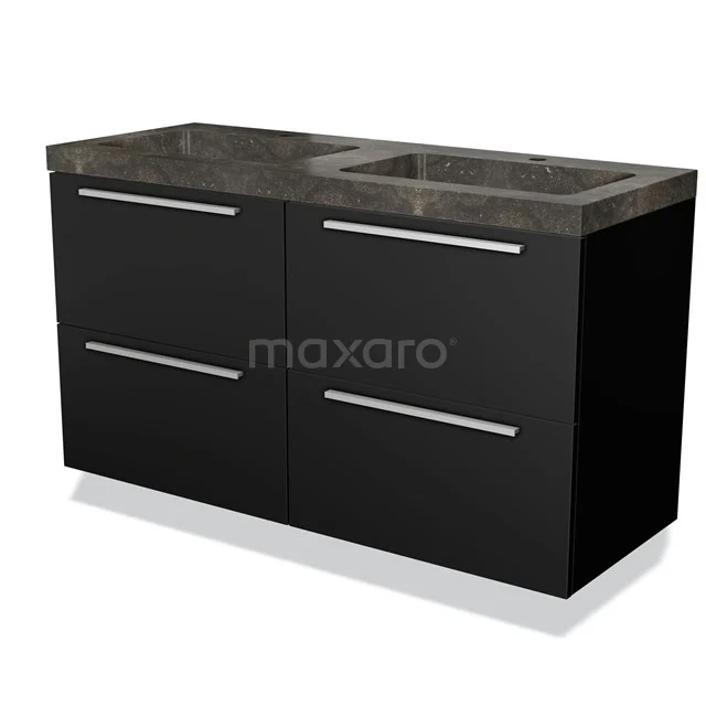 Zwart badkamermeubel met marmeren blad, dubbele lades en geïntegreerde wastafel; modern design.
