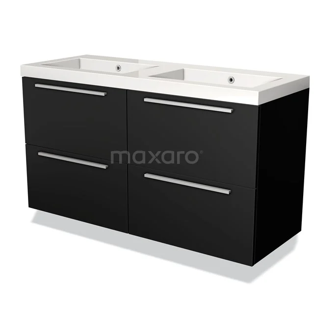 Black bathroom unit with double white ceramic vanity units with basin, modern look and sleek silver handles.