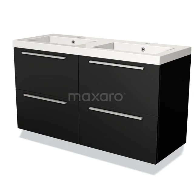 Zwarte badkamermeubelset met dubbele witte wastafel, modern design, strakke handgrepen, perfect voor een stijlvolle badkamer.