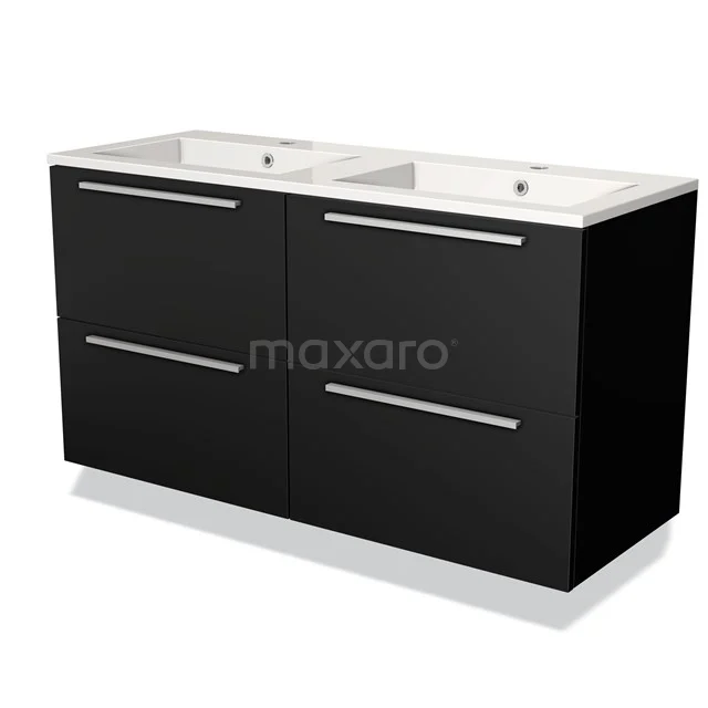 Zwart dubbel wastafelmeubel met twee ladeblokken en chroomgrepen, modern design, perfect voor een stijlvolle badkamer.