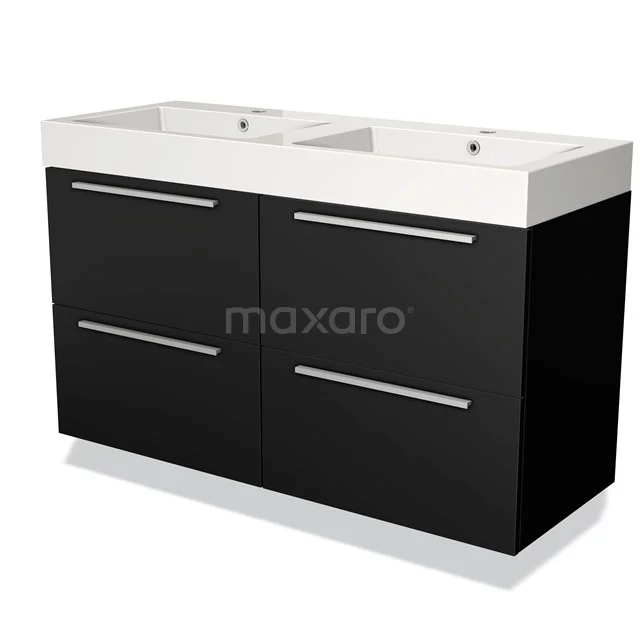 Zwart badkamermeubel met dubbele wastafel, strakke handgreepdesign en moderne afwerking, ideaal voor stijlvolle badkamers.