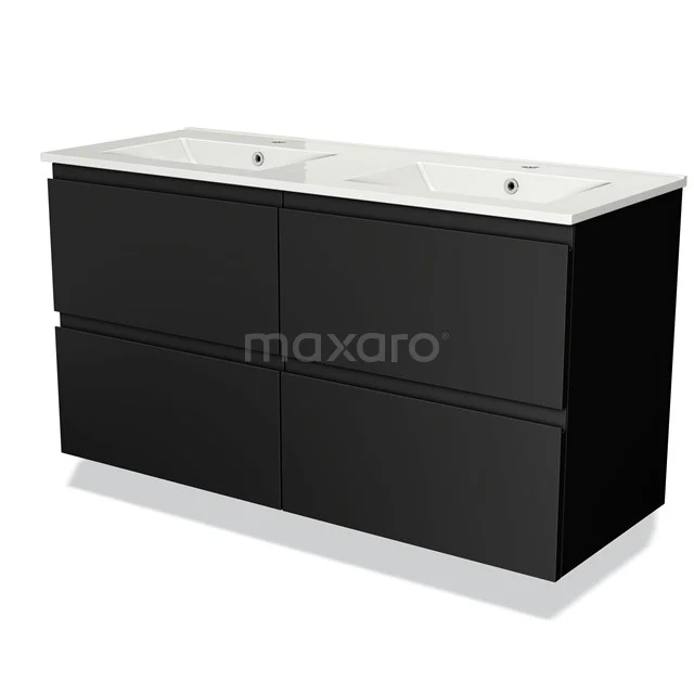 Zwarte dubbel wastafelmeubel met hoogglansafwerking en keramische wasbak, perfect voor een moderne badkamer inrichting.