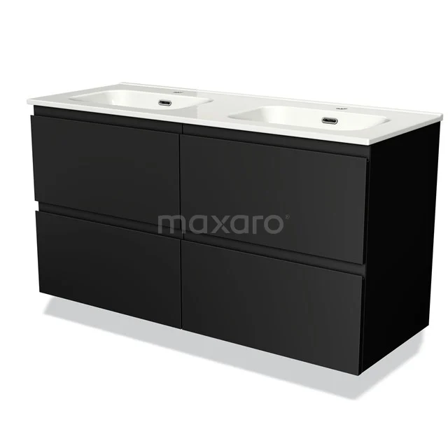 Zwarte dubbele wastafelmeubelset met matte afwerking, vier lades en keramische wastafel, ideaal voor moderne badkamers.