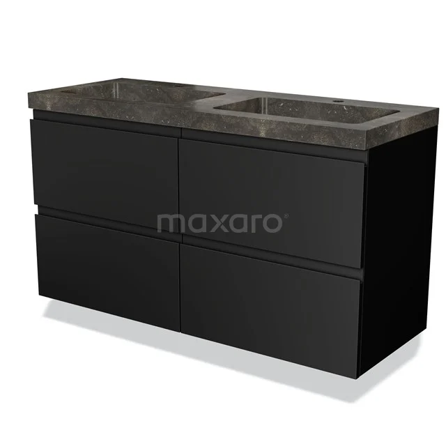 Zwarte badkamermeubelset met marmeren wastafel, dubbele lades en modern design, ideaal voor een stijlvolle badkamer.