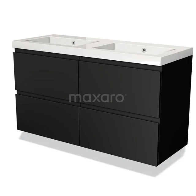 Zwarte dubbele wastafelmeubel met strakke rechthoekige vorm en witte keramische wasbak, perfect voor moderne badkamers.