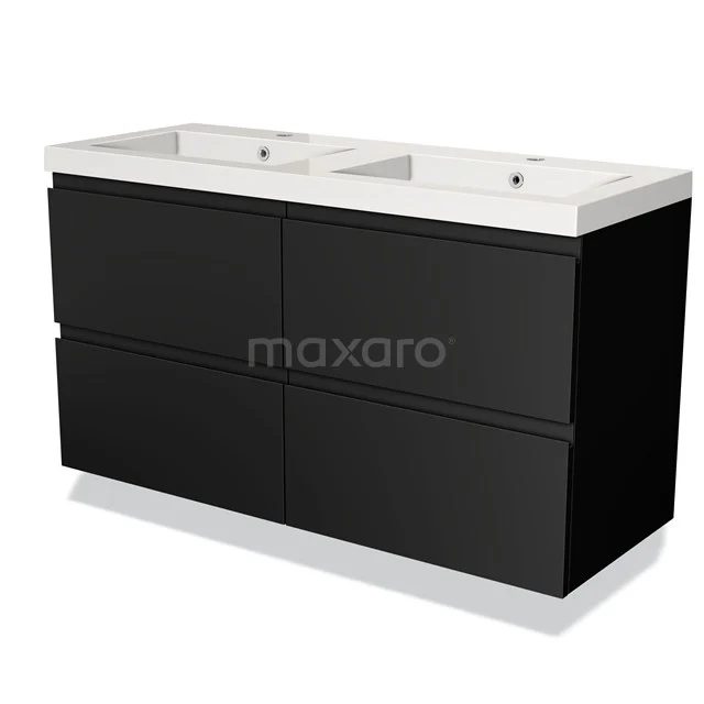 Zwart badkamermeubel met dubbele wastafel, strak design en softclose lades, ideaal voor moderne badkamers.