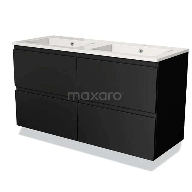 Zwarte dubbele wastafel met strak design, witte wasbakken en vier lades, ideaal als moderne badkamermeubeloplossing.