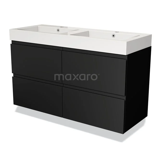 Zwart badkamermeubel met dubbele wastafel, strak design, zes lades, ideale opbergoplossing voor moderne badkamers.