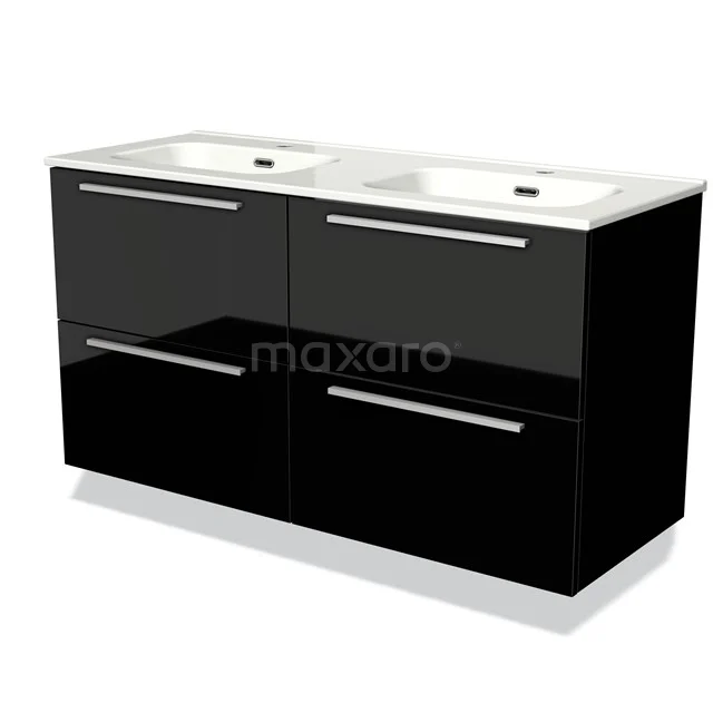 Zwart hoogglans badkamermeubel met dubbele wastafel, metalen handgrepen en modern design voor stijlvolle badkamerinrichting.
