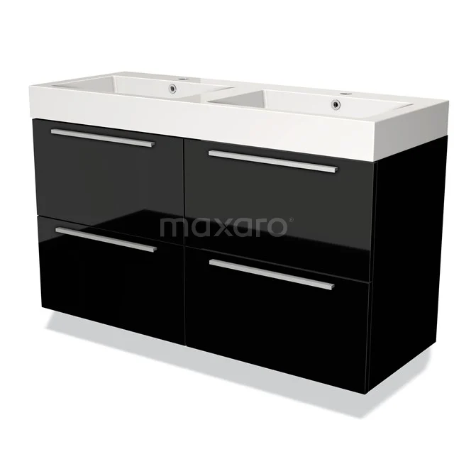 Zwarte dubbele wastafelmeubel met glanzende afwerking, vier lades en brede keramische wasbak, perfect voor een moderne badkamer.