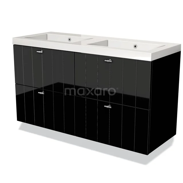 Black double vanity units with high-gloss finish and white ceramic basin, ideal for modern bathrooms.